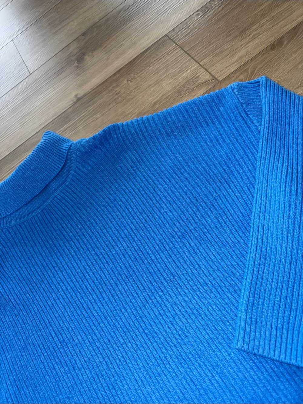 bright blue Ribbed Knit Skirt set high-waisted midi skirt & turtleneck sweater - Picture 5 of 8